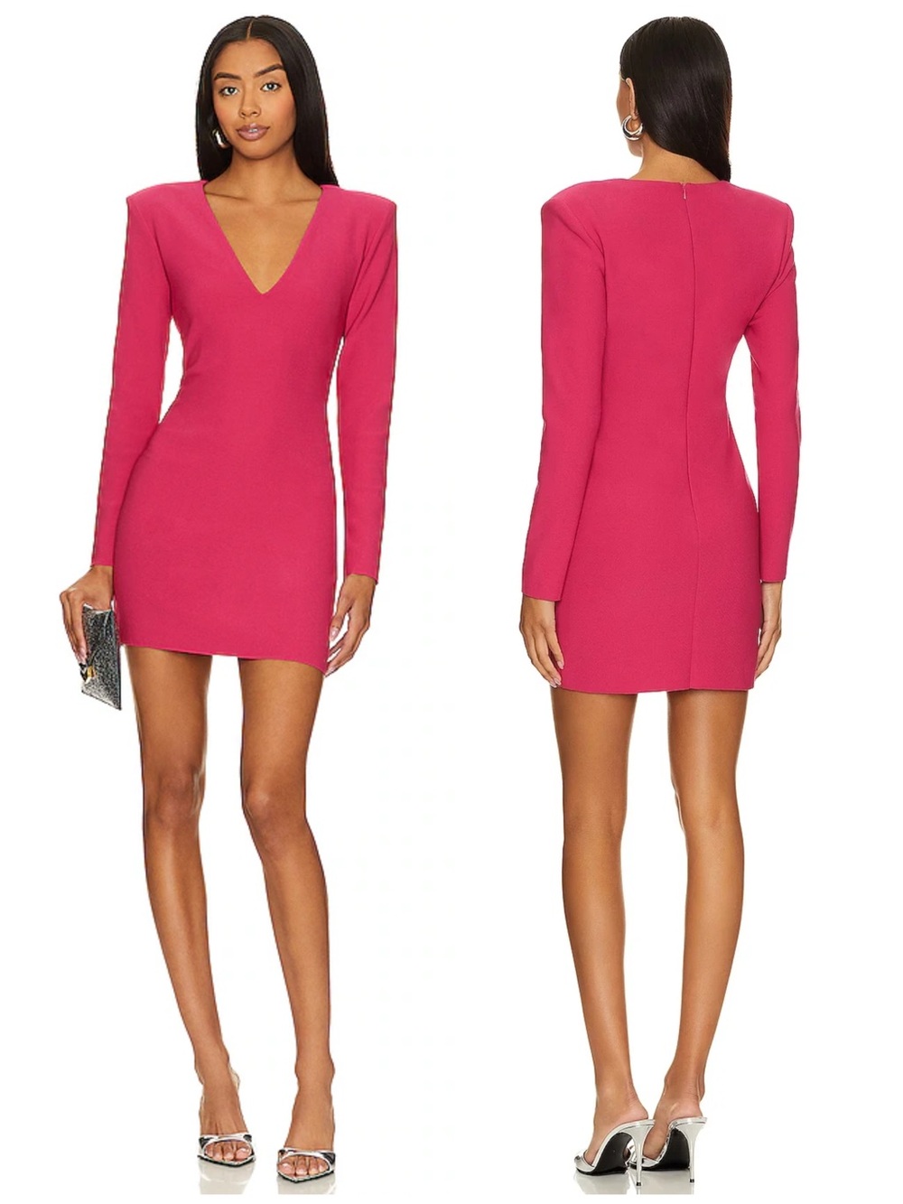 Amanda Uprichard Winfrey Magenta V-Neck Long Fitted Sleeve Mini Dress NWT $224